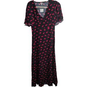 A New Day Women's Lip Print Short Sleeve Maxi Sundress Black Red Size 2
